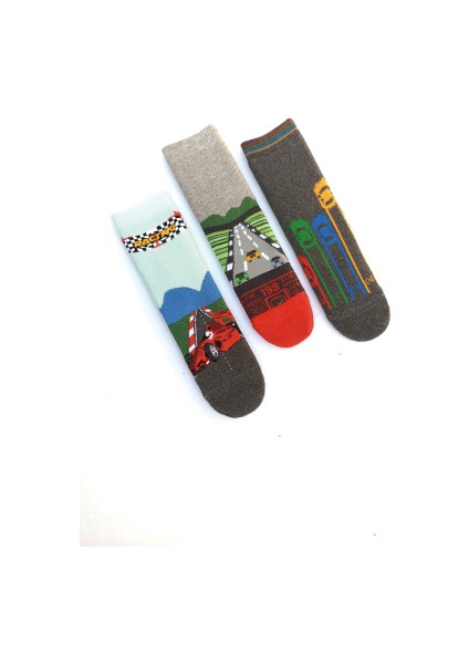 Mem Socks 3 'lü Araba Desenli Kaydırmaz Çocuk Havlu Çorap