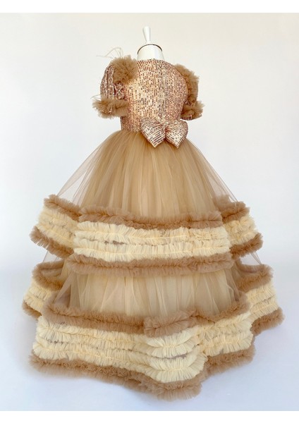 Cute Cream Gold Rengi Kız Çocuk Abiye, Özel Gün, Yılbaşı, Nedime, Uzun Abiye Elbise, Girl Dress Toddler Dress