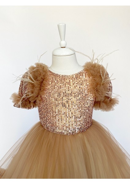 Cute Cream Gold Rengi Kız Çocuk Abiye, Özel Gün, Yılbaşı, Nedime, Uzun Abiye Elbise, Girl Dress Toddler Dress fiyatları