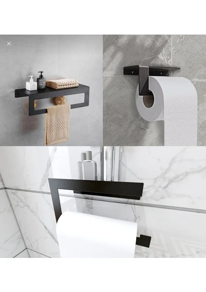 Rimed technology Modern Metal 3'lü Set Raflı Banyo Havlu Askılığı-Rolu Havlu Askılığı -Tuvalet Kağıtlığı