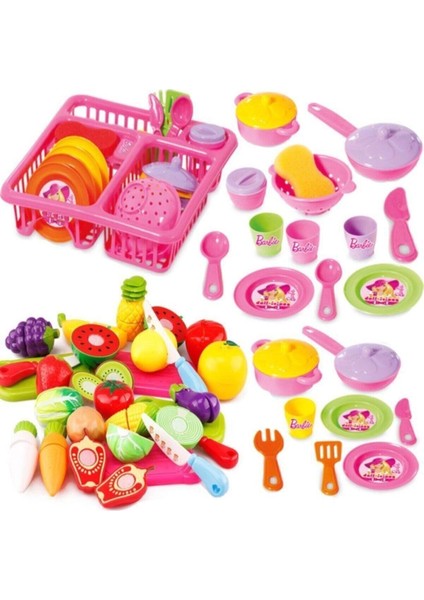 Barbie Oyuncak Bulaşıklık Tabak Tencere Set + 22 Parça Kesilebilen Oyuncak Meyve Sebze Set Kes