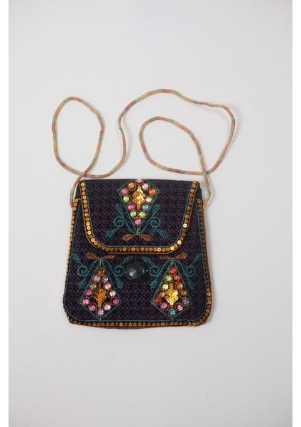 Taş El Işlemeli Özel Tasarım Kırmızı Pullu %100 Pamuklu Minik Omuz Çantası 133