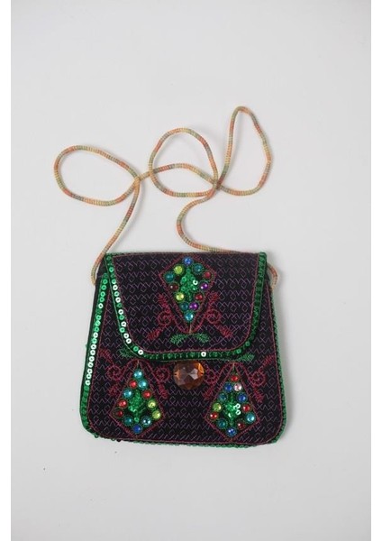 Yeşil Işlemeli Pembe Pullu Taşlı Özel Tasarım %100 Pamuklu Minik Omuz Çantası 134