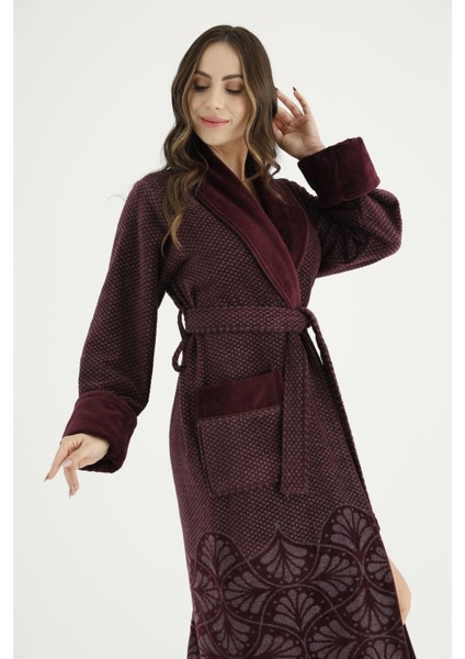 Uzun Şalyaka Jakarlı Pamuk Bayan Bornozu