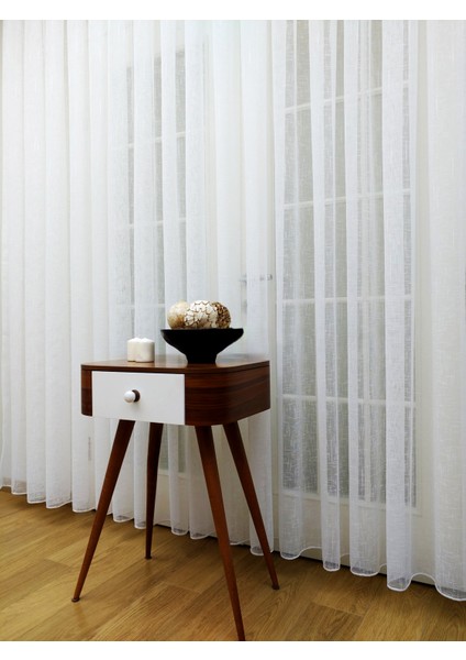 Taç Kullanıma Hazır Şantuk Keten 1/2 Seyrek Pile Tül Perde Tek Kanat - Ekru 100 x 200 cm