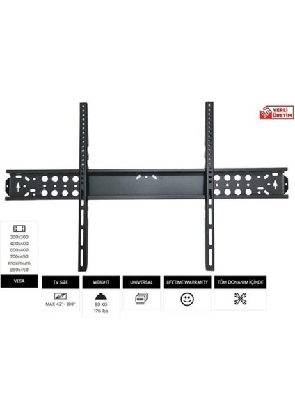 80'' Inç 203 Ekran Uyumlu Televizyon Sabit LCD LED Tv Duvar Sabit Askı Aparatı - Universal Tüm Markalara Uyumlu - Su Terazili