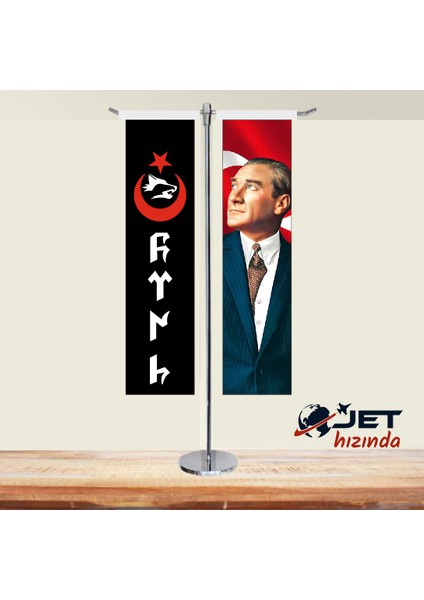 Jethızında Göktürkçe Türk Yazılı ve Atatürk 2'li T Masa Bayrağı Takımı