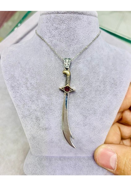 Yakut Taşlı Zülfikar Kılıcı 925 Ayar Gümüş Unisex Hediyelik Kolye