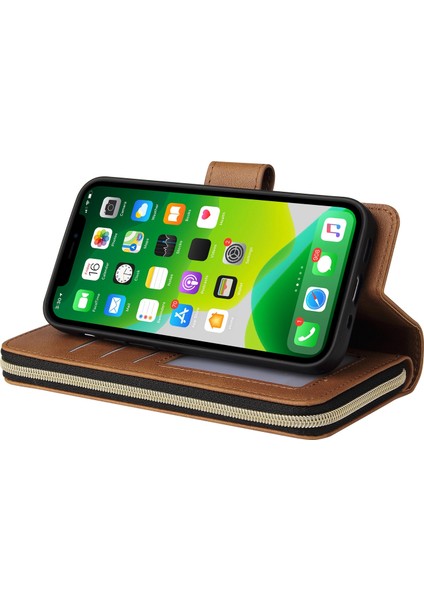 iPhone 14 Pul 9 Kart Tutucu Yuvaları Manyetik Kapanma Fermuar Cep Flip Cüzdan Kapağı Standı Kayışla Anti-Çizer Pu Deri Telefon Kasası (Yurt Dışından)