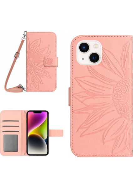 iPhone 14 Için HT04 Cilt Donanım Pu Deri Stand Kılıfı Baskılı Ayçiçeği Tam Koruma Telefon Cüzdan Kapağı Omuz Kayışı ile (Yurt Dışından)