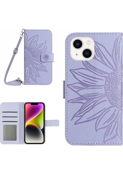 iPhone 14 Için HT04 Cilt Donanım Pu Deri Stand Kılıfı Baskılı Ayçiçeği Tam Koruma Telefon Cüzdan Kapağı Omuz Kayışı ile (Yurt Dışından)
