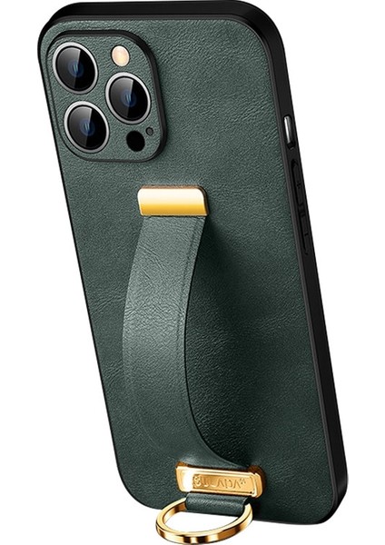 iPhone 14 Pro Max Maximum Moda Serisi Max Çılgın At Doku Kickstand Case Pu Deri Kaplamalı Pc + Tpu Retractable Bilek Bantlı Telefon Kapağı (Yurt Dışından)