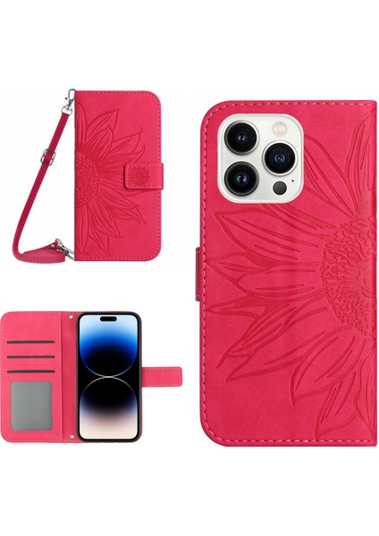 iPhone 14 Pro HT04 Stand Cüzdan Cilt Touch Pu Deri Iç Tpu Kapağı Omuz Kayışı ile Basılı Ayçiçeği Telefon Kılıfı (Yurt Dışından)