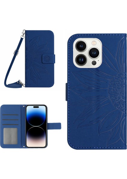 iPhone 14 Pro HT04 Stand Cüzdan Cilt Touch Pu Deri Iç Tpu Kapağı Omuz Kayışı ile Basılı Ayçiçeği Telefon Kılıfı (Yurt Dışından)