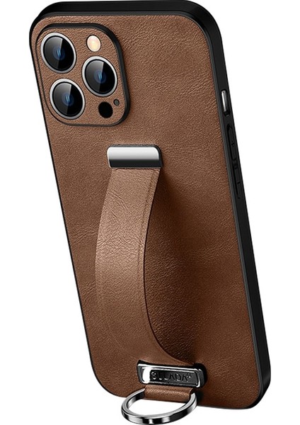 iPhone 14 Pro Max Maximum Moda Serisi Max Çılgın At Doku Kickstand Case Pu Deri Kaplamalı Pc + Tpu Retractable Bilek Bantlı Telefon Kapağı (Yurt Dışından)