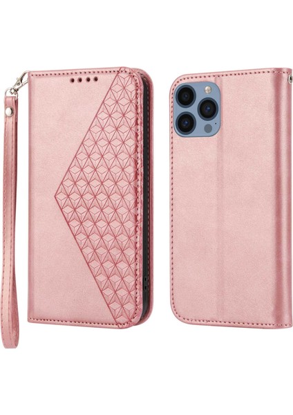 iPhone 14 Pro Balf Doku Cüzdanı Için Baskılı Rhombus Desen Telefon Stand Pu Deri Kılıf Magnetic Kapak Kayış (Yurt Dışından)