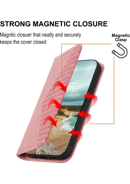 iPhone 14 Pro Balf Doku Cüzdanı Için Baskılı Rhombus Desen Telefon Stand Pu Deri Kılıf Magnetic Kapak Kayış (Yurt Dışından)