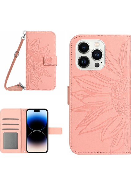 iPhone 14 Pro Max HT04 Için Şok Geçirmez Telefon Kasası Basılı Ayçiçeği Deri Touch Pu Deri Deri Stand Cüzdan Koruyucusu Omuz Kayışı ile (Yurt Dışından)