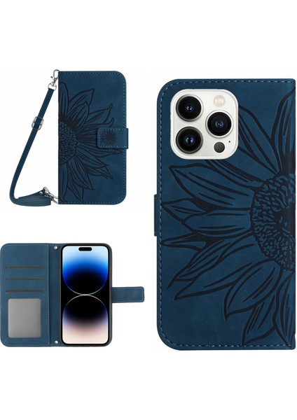 iPhone 14 Pro Max HT04 Için Şok Geçirmez Telefon Kasası Basılı Ayçiçeği Deri Touch Pu Deri Deri Stand Cüzdan Koruyucusu Omuz Kayışı ile (Yurt Dışından)