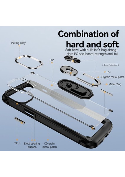 iPhone 14 Plus Metal Ring Kickstand Pc + Tpu Şok Geçirmez Cep Telefonu Koruyucu Arka Kılıf (Yurt Dışından)