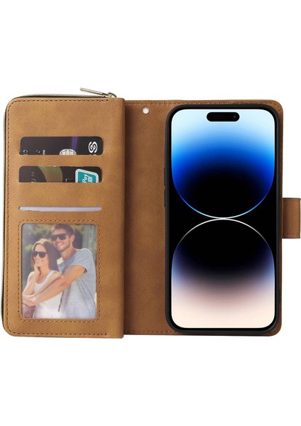 iPhone 14 Pro Max Pu Deri Cüzdan Telefon Kılıfı 9 Kart Tutucu Yuvaları Manyetik Kapatma Fermuar Cep Stand Çizme ile Kapak Kapağı (Yurt Dışından) modelleri
