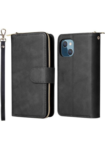 iPhone 14 Pu Deri Manyetik Kapanış Çanta Fermuarı Cep Kılıfı Stand 9 Kart Tutucu Yuvaları Cüzdan Telefon Kapağı Kayışlı (Yurt Dışından)