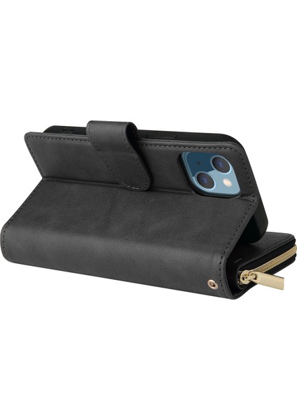 iPhone 14 Pu Deri Manyetik Kapanış Çanta Fermuarı Cep Kılıfı Stand 9 Kart Tutucu Yuvaları Cüzdan Telefon Kapağı Kayışlı (Yurt Dışından)