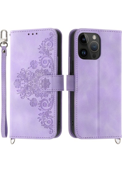Cilt Touch Baskı Çiçekler Deri Deri Kılıf iPhone 14 Pro Max Stand Cüzdan Birden Çok Kart Yuvası Telefon Kapağı Bilek Kayışı ve Omuz Kayışı (Yurt Dışından)