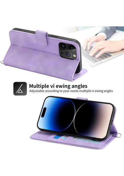 Cilt Touch Baskı Çiçekler Deri Deri Kılıf iPhone 14 Pro Max Stand Cüzdan Birden Çok Kart Yuvası Telefon Kapağı Bilek Kayışı ve Omuz Kayışı (Yurt Dışından)