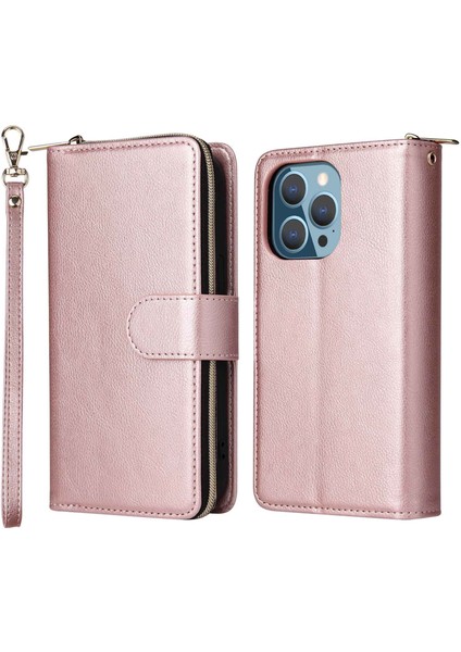 iPhone 14 Pro Max Pu Deri Cüzdan Telefon Kılıfı 9 Kart Tutucu Yuvaları Manyetik Kapatma Fermuar Cep Stand Çizme ile Kapak Kapağı (Yurt Dışından)