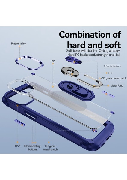 iPhone 14 Plus Metal Ring Kickstand Pc + Tpu Şok Geçirmez Cep Telefonu Koruyucu Arka Kılıf (Yurt Dışından)