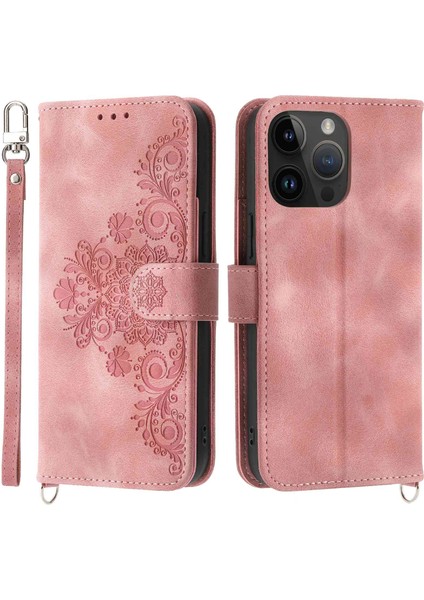 Cilt Touch Baskı Çiçekler Deri Deri Kılıf iPhone 14 Pro Max Stand Cüzdan Birden Çok Kart Yuvası Telefon Kapağı Bilek Kayışı ve Omuz Kayışı (Yurt Dışından)