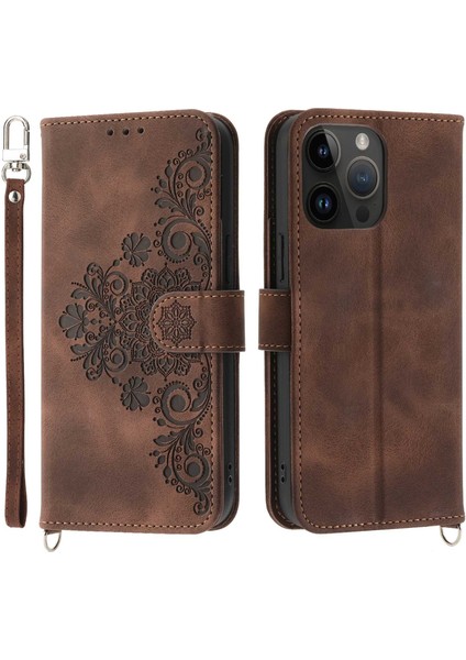 Cilt Touch Baskı Çiçekler Deri Deri Kılıf iPhone 14 Pro Max Stand Cüzdan Birden Çok Kart Yuvası Telefon Kapağı Bilek Kayışı ve Omuz Kayışı (Yurt Dışından)