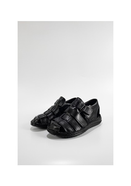 Erkek Siyah Hakiki Deri Masajlı Bantlı Önü Kapalı Sandalet