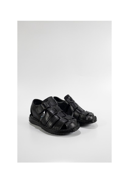 Erkek Siyah Hakiki Deri Masajlı Bantlı Önü Kapalı Sandalet modelleri