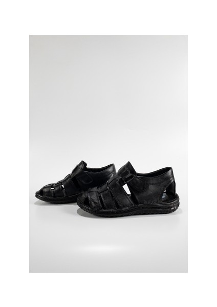 Erkek Siyah Hakiki Deri Masajlı Bantlı Önü Kapalı Sandalet indirimleri