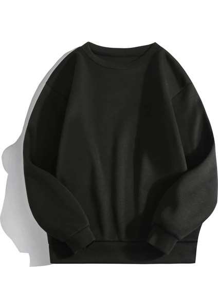 Kadın Basic 0 Sıfır Yaka Baskısız Düz Oversize Salaş Bol Kesim Polar Sweatshirt