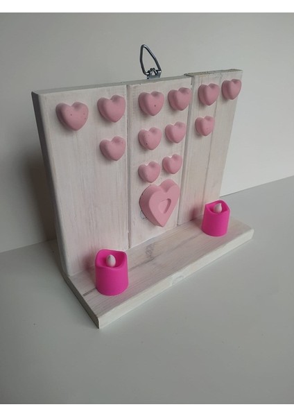 Ahşap Kalpli Beyaz Pembe Duvar Çiçekliği Süsü Ledli Mum Mumluk B1