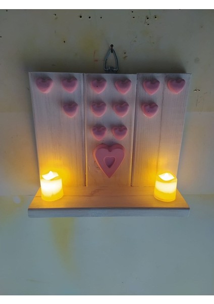 Ahşap Kalpli Beyaz Pembe Duvar Çiçekliği Süsü Ledli Mum Mumluk B1