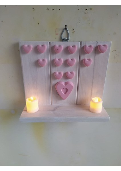Ahşap Kalpli Beyaz Pembe Duvar Çiçekliği Süsü Ledli Mum Mumluk B1