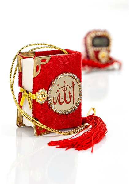 Taşlı Zikirmatik - Mini Kuran - Kristal Taş Tesbihli Hediyelik Set - Kırmızı Renk