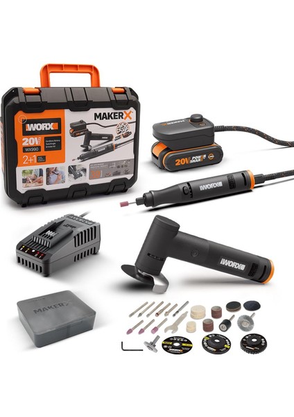 WX990 Makerx 20VOLT 2.0AH. Kömürsüz Profesyonel Kalem Tipi Devir Ayarlı Gravür + 50MM Açılı Avuç Taşlama Kombo Set + 39 Parça Aksesuar