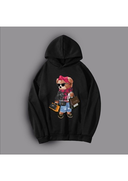 Kadın Siyah Ayıcık Baskılı Oversize Sweatshirt
