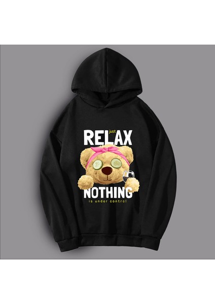 Kadın Siyah Ayıcık Baskılı Oversize Hoodie