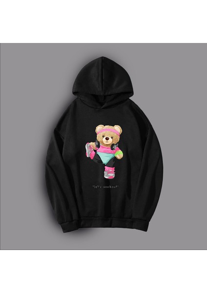 Kadın Teddy Bear Baskılı Siyah Kapüşonlu Sweatshirt