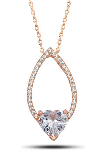 Gümüş Kalp Beyaz Taşlı Damla Kadın Kolye