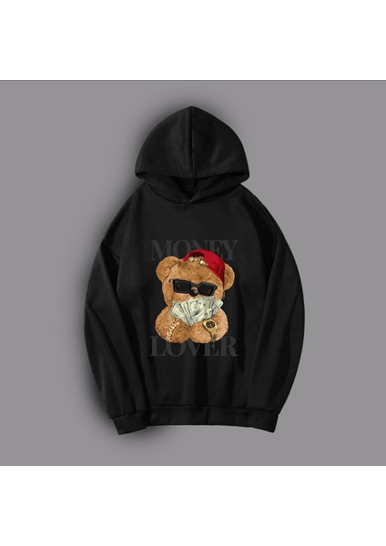 Kadın Siyah Ayıcık Baskılı Kapüşonlu Sweatshirt