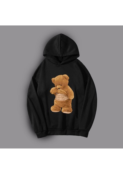 Erkek Siyah Baskılı Kapüşonlu Sweatshirt