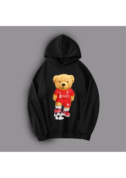 Erkek Siyah Teddy Bear Baskılı Hoodie