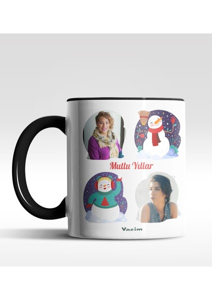 Kişiye Özel Mutlu Yıllar 2 Fotoğraflı Tasarımlı Siyah Kupa